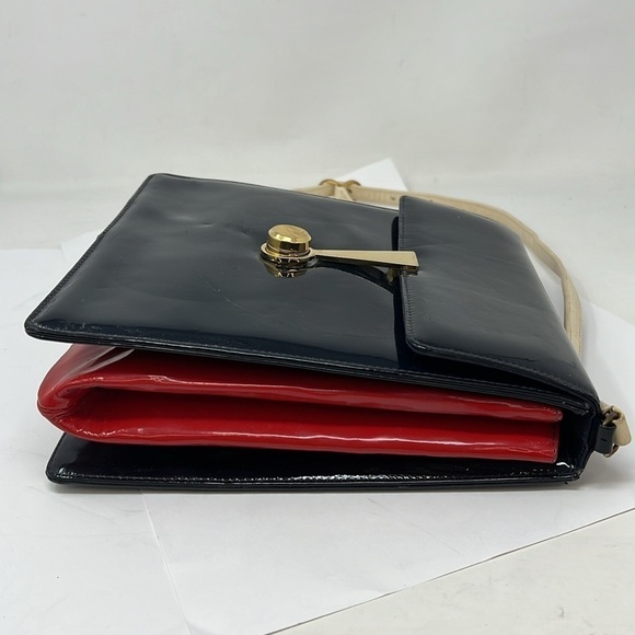 Saks Fifth Avenue Vintage Patent Leather Navy Red Beige Shoulder Bag - Picture 8 of 16